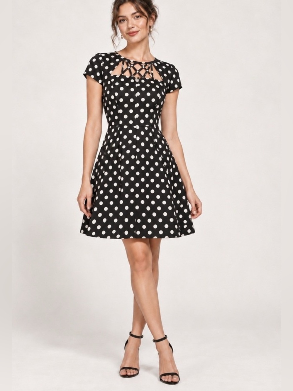 MAUVE for Anthropologie Black & Rose Pink Polka Dot Cutout Dress Knee Length 6